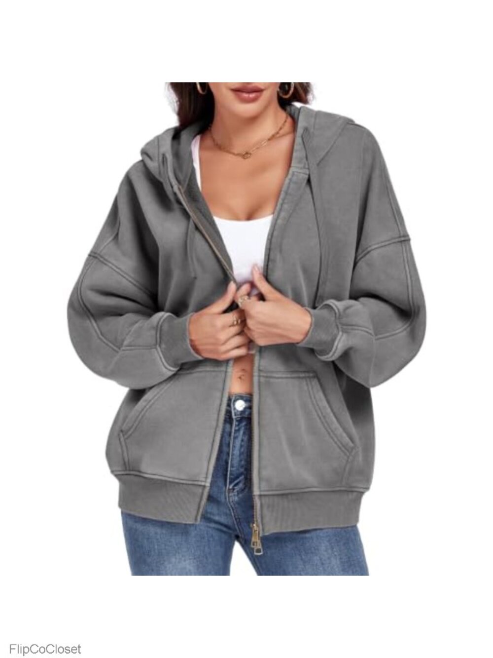 Unisex Acid Wash Zip Up Hoodie Heavyweight Oversized Fleece Sweatshirt